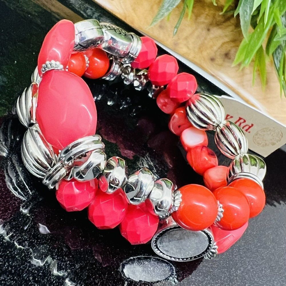 Ruby Red Silver Tone Textured Bead Pink Red Two Strand Stretch Bracelet 1383